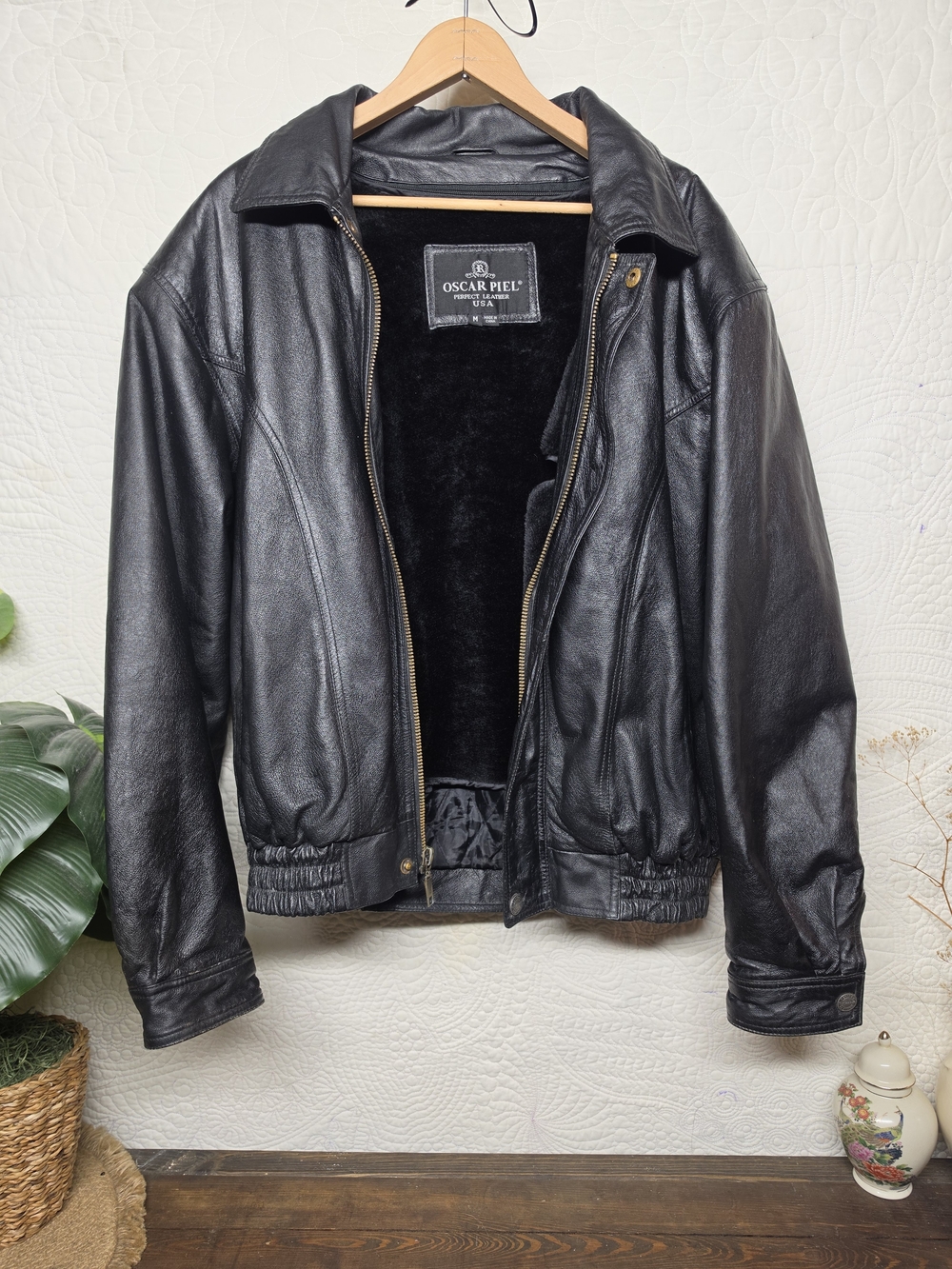 Vintage Oscar Piel Men's Black Leather Bomber Jacket Faux Fur Lining M